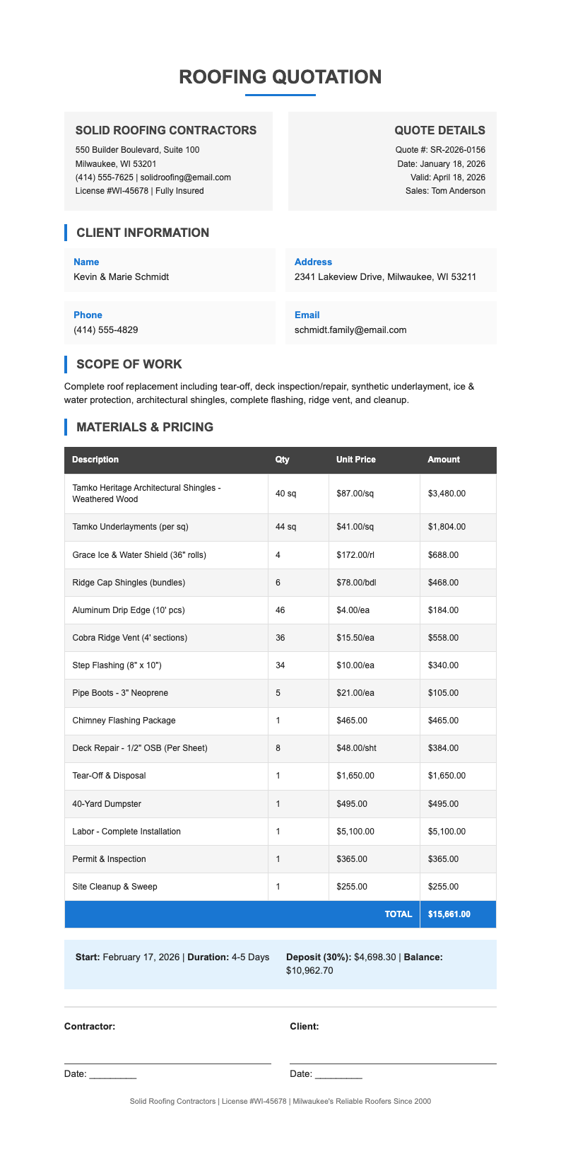 Solid dependable roofing quotation